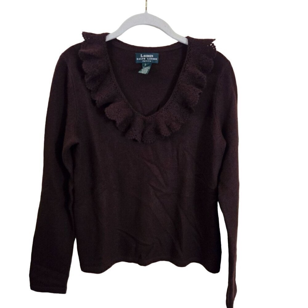 Lauren Ralph Lauren Brown Crochet Ruffled V Neck Merino Wool Sweater Size Mp